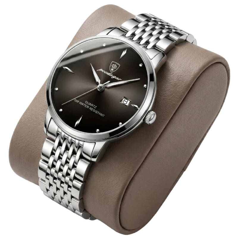 POEDAGAR 868 SL BN quartz watch featuring a sunburst brown dial and polished stainless steel bracelet, presented on a taupe leather display cushion.