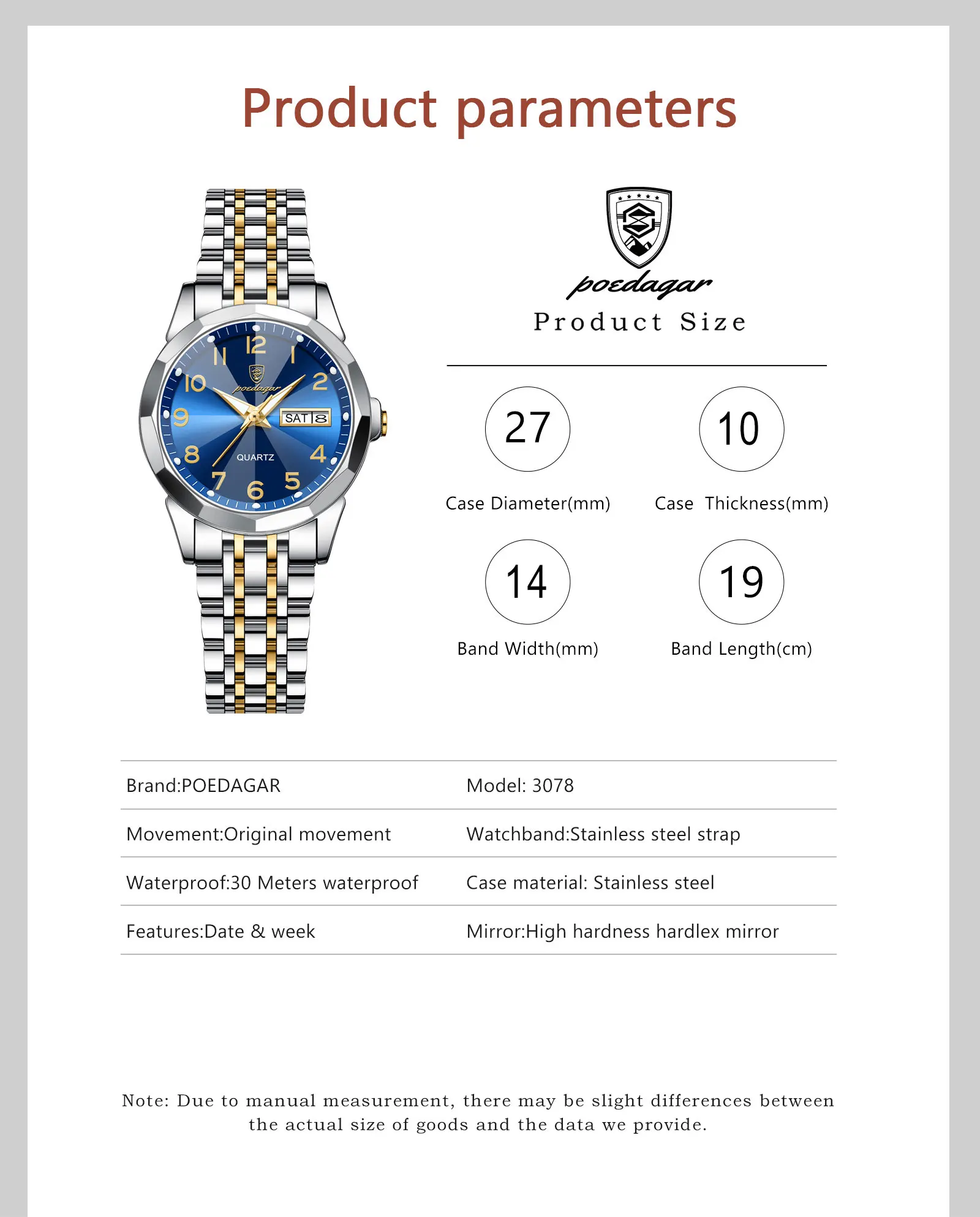 POEDAGAR 3078 Analog Quartz Watch information.