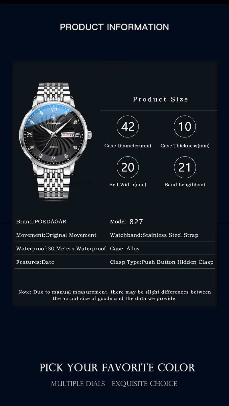 POEDAGAR 827 Analog Quartz Watch information.