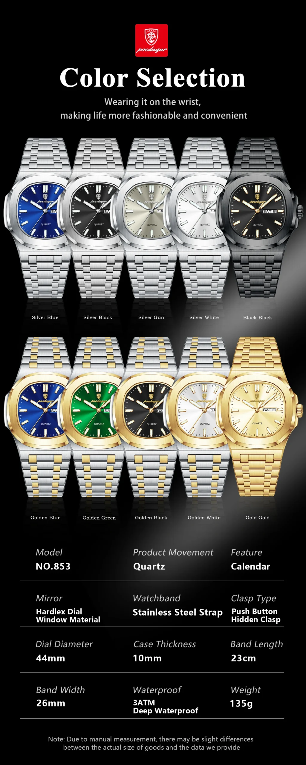 POEDAGAR 853 Analog Quartz Watch information.