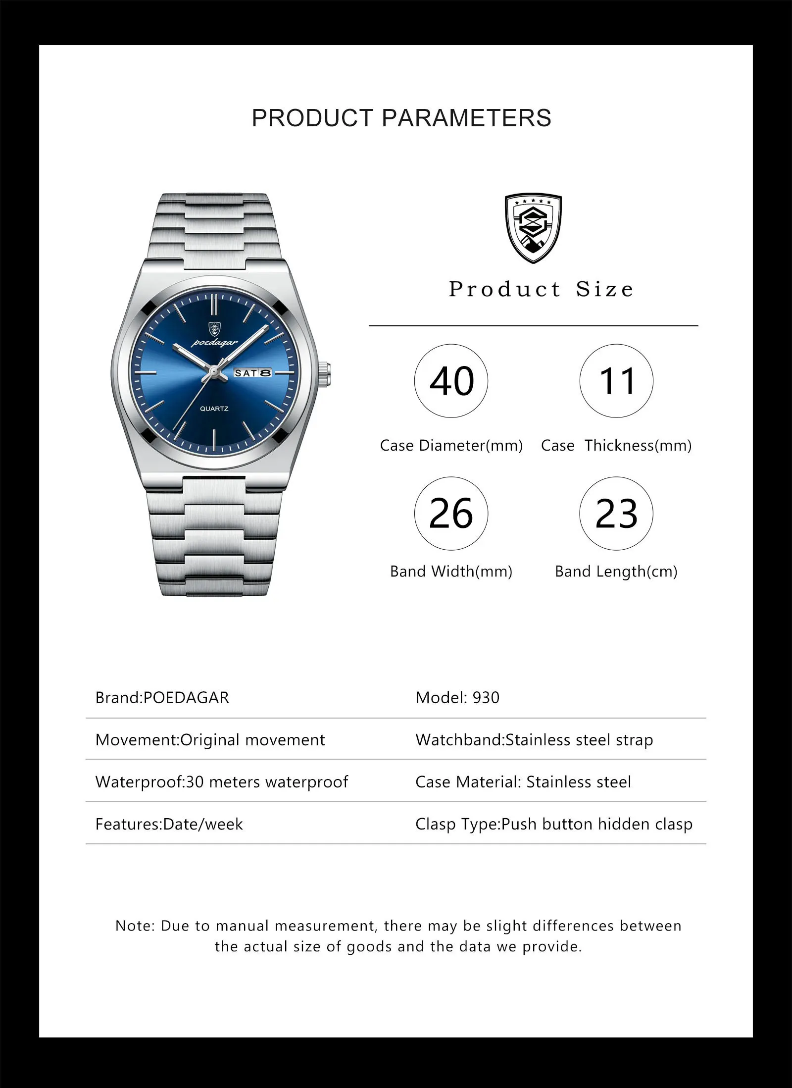 POEDAGAR 930 Analog Quartz Watch information.