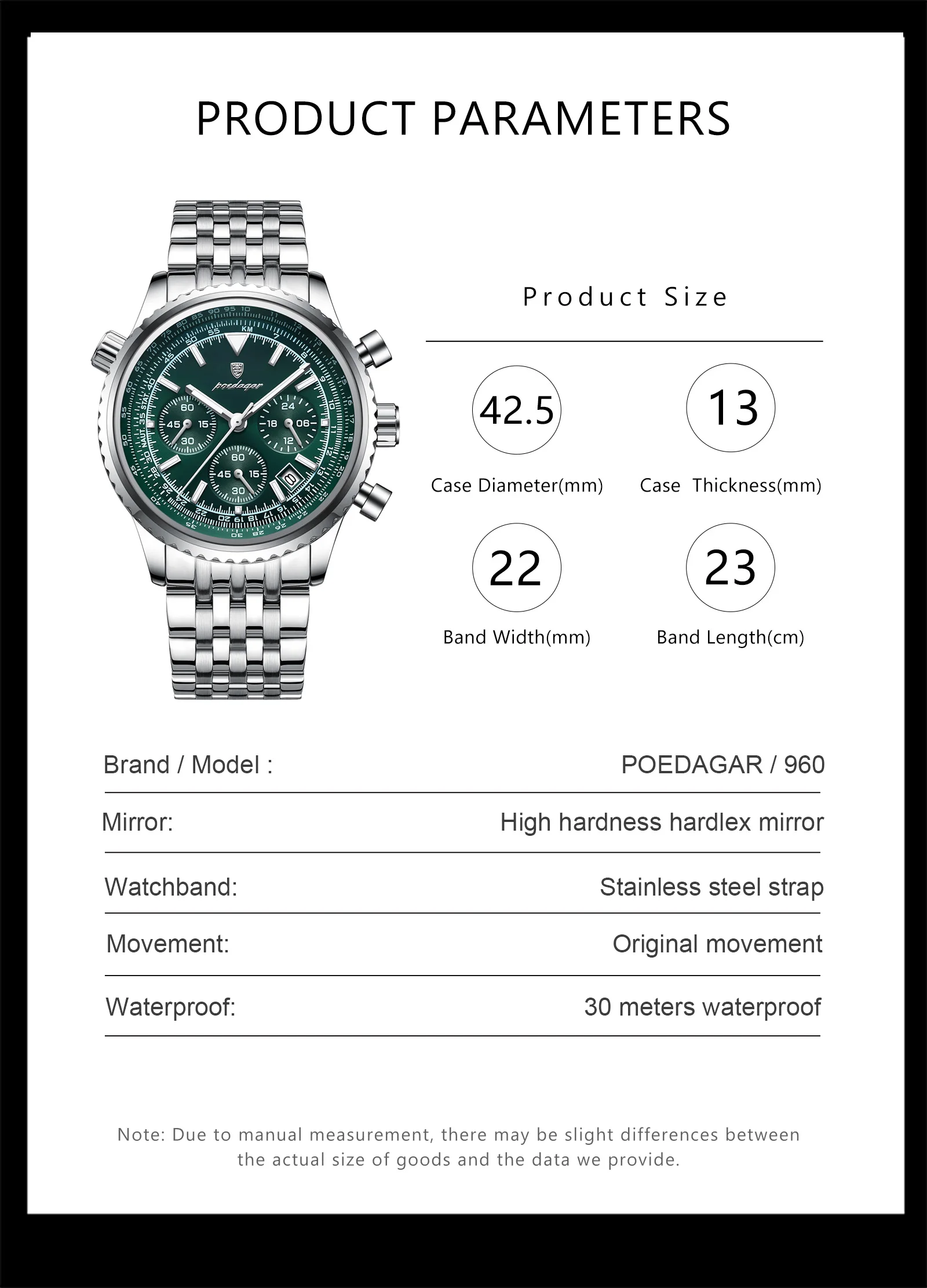 POEDAGAR 960 Chronograph Quartz Watch information.