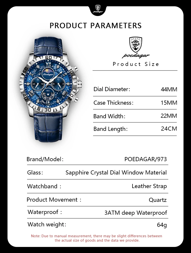 POEDAGAR 973L Chronograph Quartz Watch information.