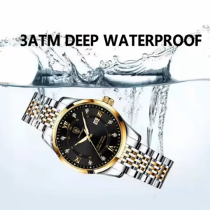 Silver and gold POEDAGAR 268 Quartz Analog Watch with black dial splashing into water.