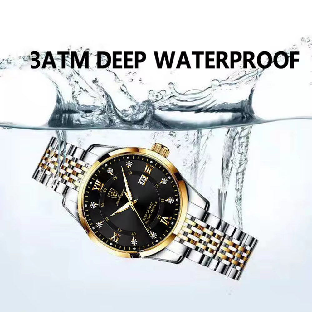 Silver and gold POEDAGAR 268 Quartz Analog Watch with black dial splashing into water.