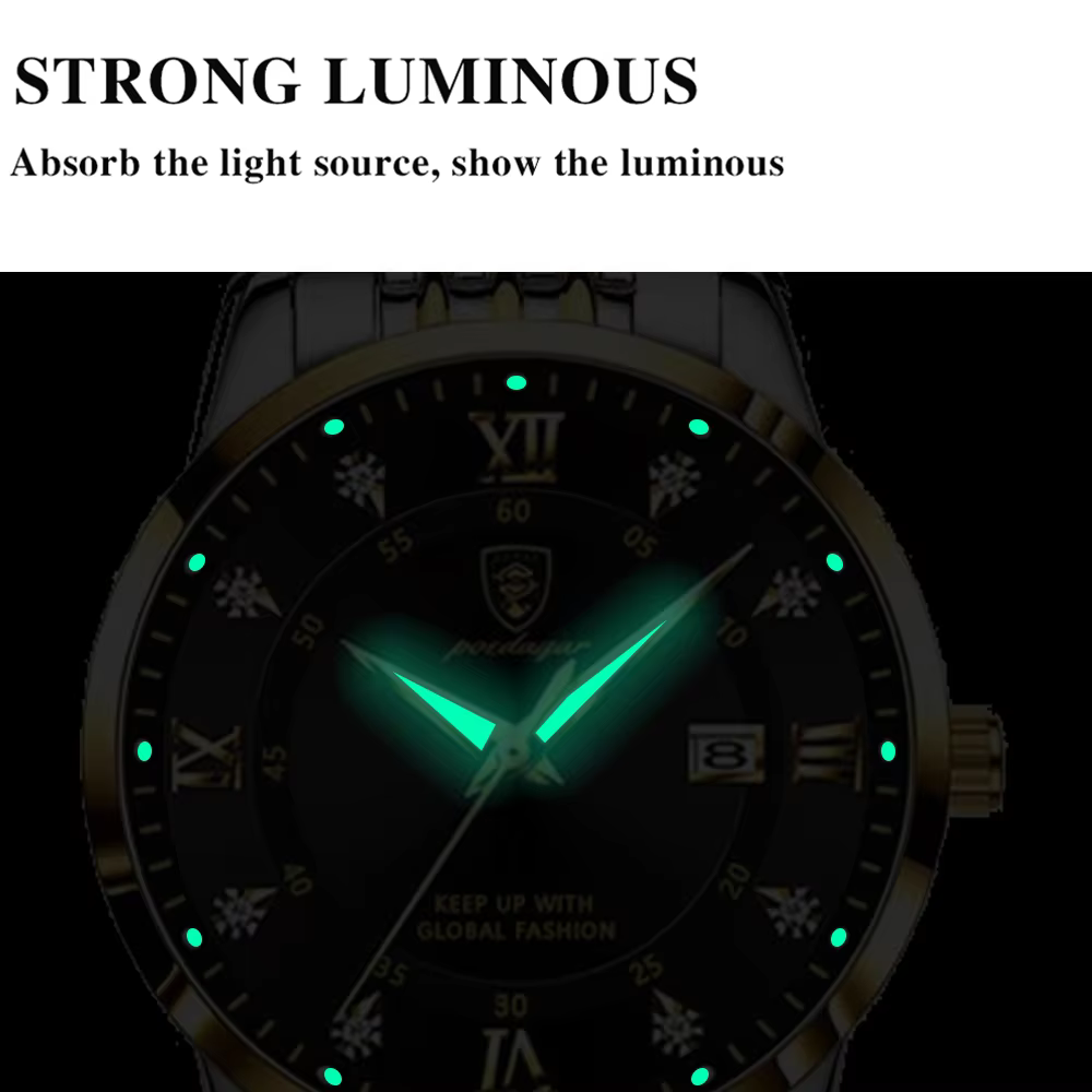 POEDAGAR 268 Quartz Analog Watch featuring glowing green luminous hands and markers.