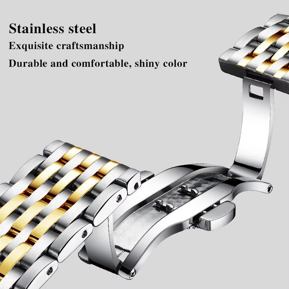 POEDAGAR 268 Quartz Analog Watch silver and gold stainless steel push button hidden clasp.