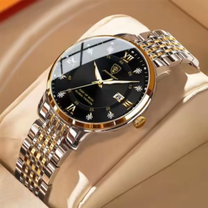 POEDAGAR 268 Quartz Analog Watch with black dial and silver and gold bracelet.
