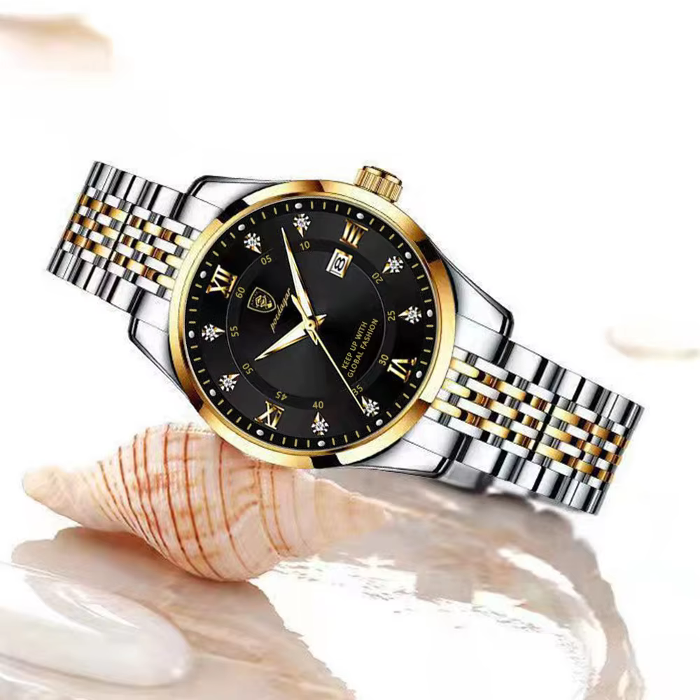 POEDAGAR 268 Quartz Analog Watch in silver and gold with black dial.