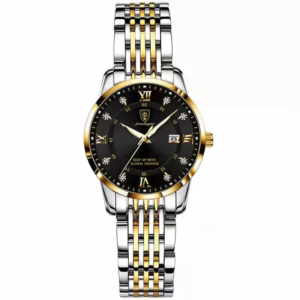 Gold and black POEDAGAR 268 Quartz Analog Watch with two tone stainless steel bracelet.