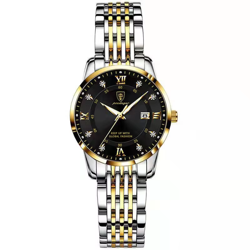 Gold and black POEDAGAR 268 Quartz Analog Watch with two tone stainless steel bracelet.