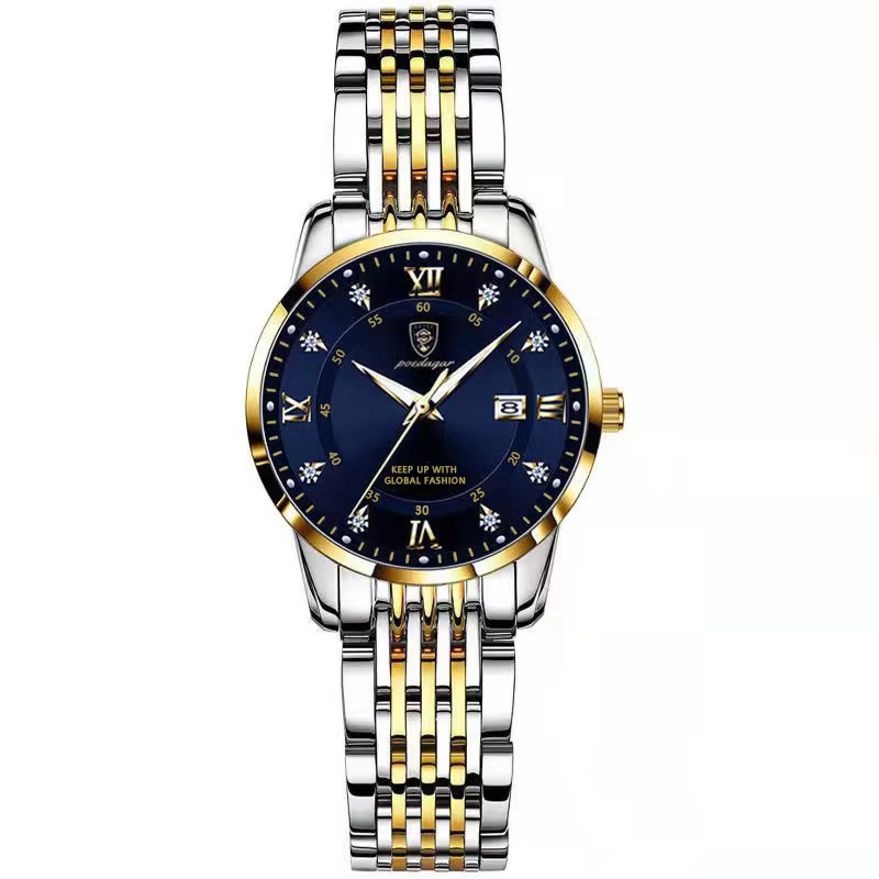 Gold and blue POEDAGAR 268 Quartz Analog Watch with stainless steel bracelet.