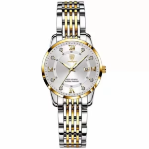 POEDAGAR 268 Quartz Analog Watch in gold and white with stainless steel bracelet.