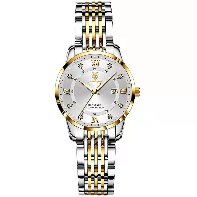 POEDAGAR 268 Quartz Analog Watch in gold and white with stainless steel bracelet.