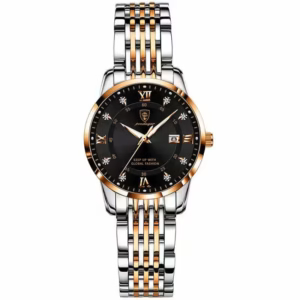 POEDAGAR 268 Quartz Analog Watch in rose gold and black with stainless steel bracelet.