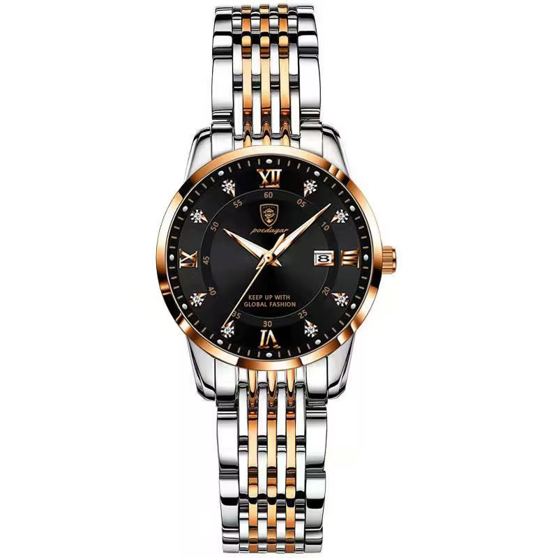 POEDAGAR 268 Quartz Analog Watch in rose gold and black with stainless steel bracelet.