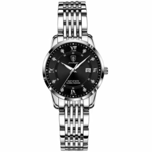 POEDAGAR 268 Quartz Analog Watch with silver stainless steel bracelet and black dial.