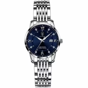 Silver blue POEDAGAR 268 Quartz Analog Watch with stainless steel bracelet.