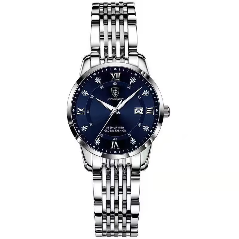 Silver blue POEDAGAR 268 Quartz Analog Watch with stainless steel bracelet.