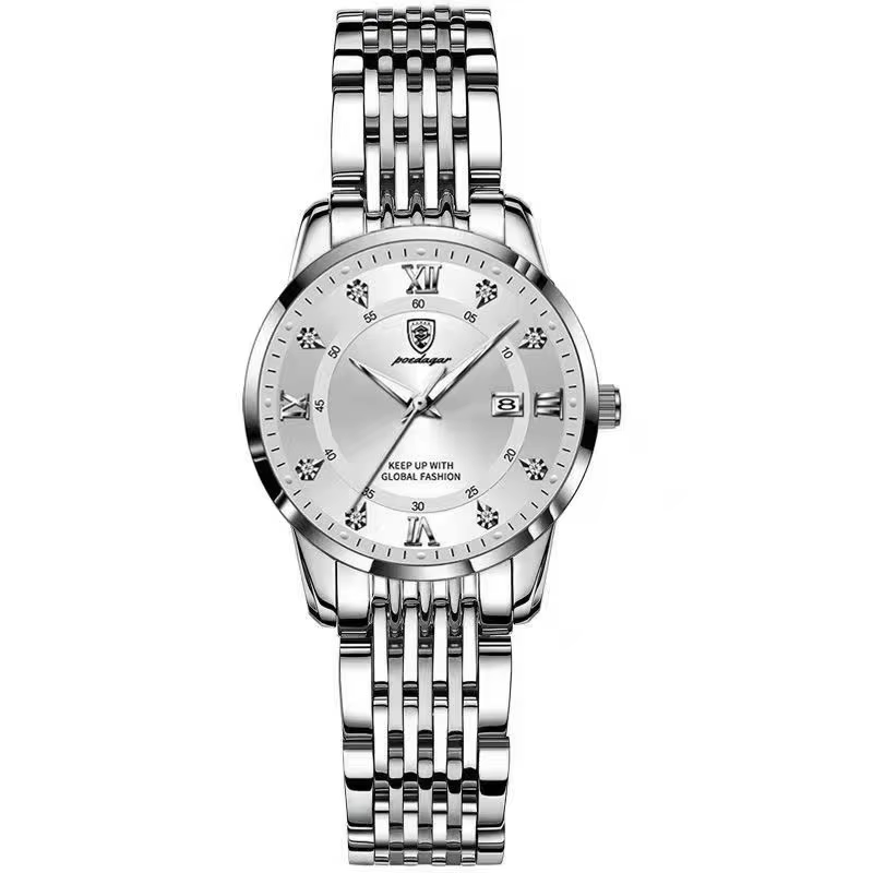 Silver white POEDAGAR 268 Quartz Analog Watch with stainless steel bracelet.