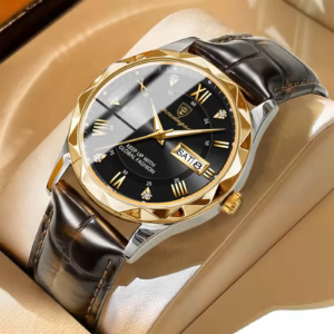 POEDAGAR 615L Quartz Analog Watch with black dial, gold-tone bezel, and brown leather strap.