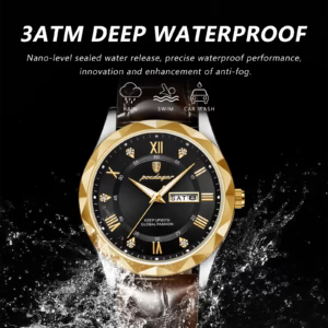 POEDAGAR 615L Quartz Analog Watch with black dial and brown leather strap.