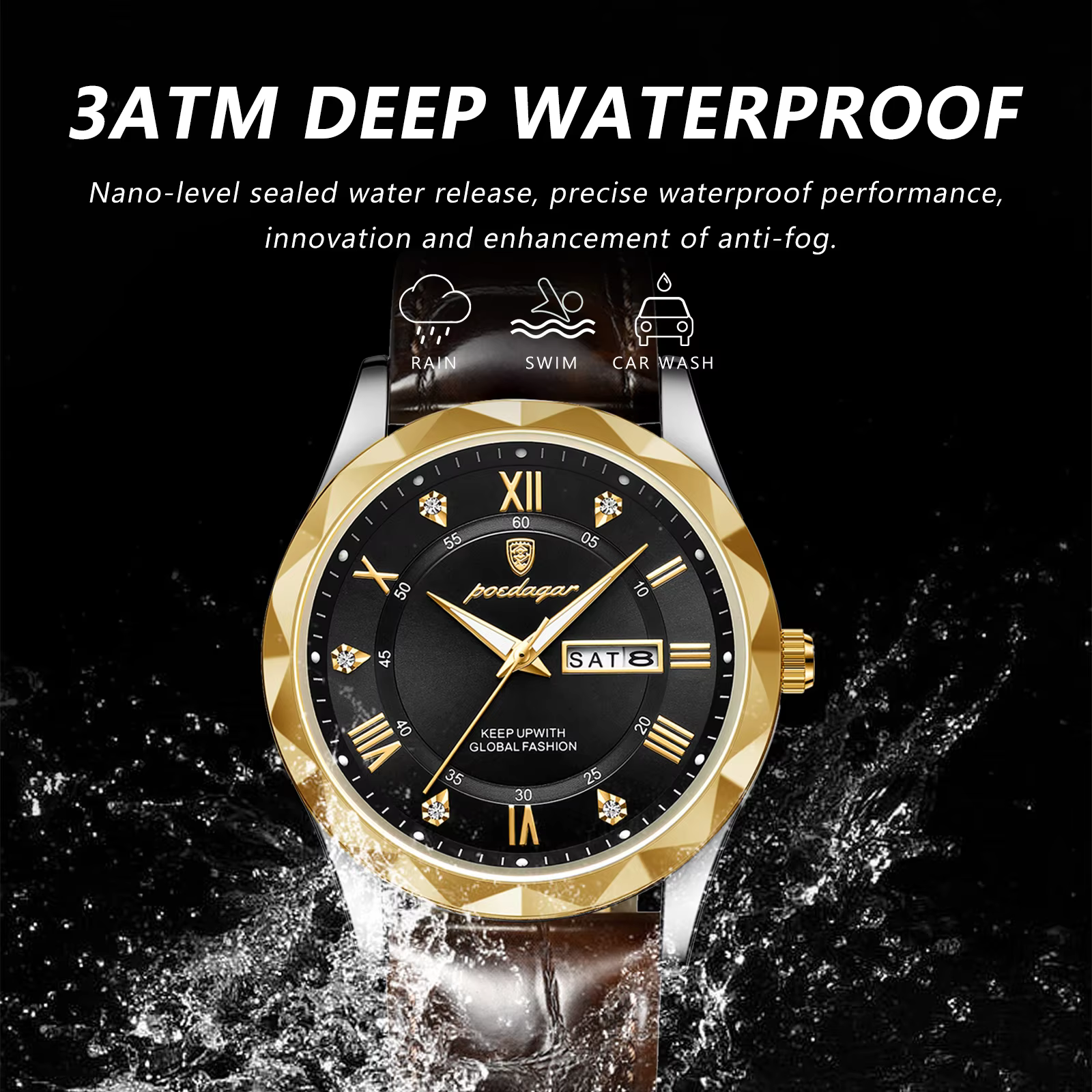 POEDAGAR 615L Quartz Analog Watch with black dial and brown leather strap.