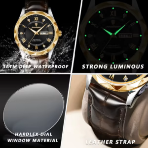 POEDAGAR 615L Quartz Analog Watch gallery highlighting waterproof design, luminous hands, Hardlex crystal, and leather strap.