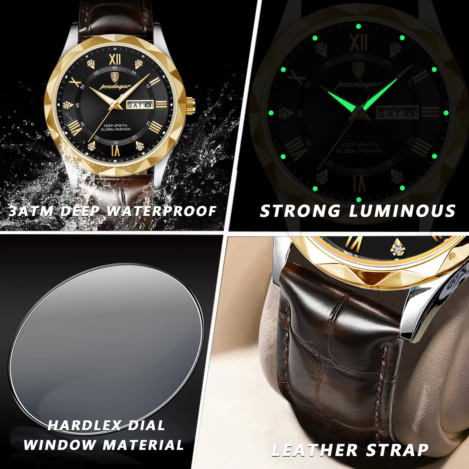 POEDAGAR 615L Quartz Analog Watch gallery highlighting waterproof design, luminous hands, Hardlex crystal, and leather strap.