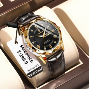 POEDAGAR 615L Quartz Analog Watch with gold case, black dial, and brown leather strap.