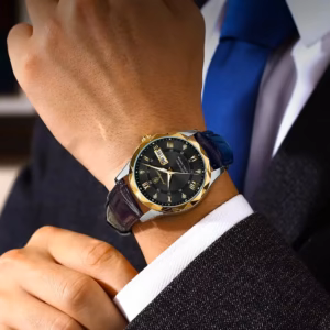 Man wearing POEDAGAR 615L Quartz Analog Watch with black dial and dark leather strap.