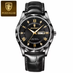 Black POEDAGAR 615L Quartz Analog Watch with black leather strap and gold-tone markers.
