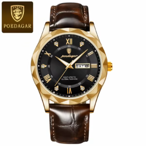 POEDAGAR 615L Quartz Analog Watch with gold case, black dial, and brown leather strap.