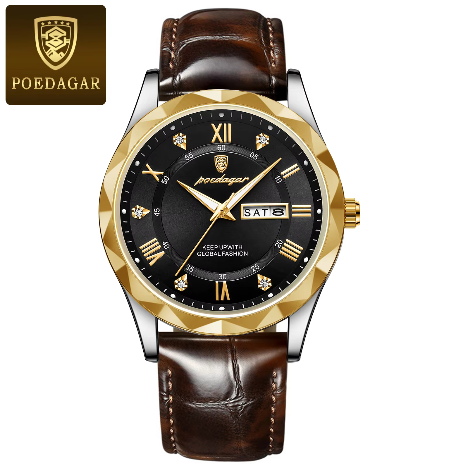 POEDAGAR 615L Quartz Analog Watch featuring a gold black dial and a brown leather strap.