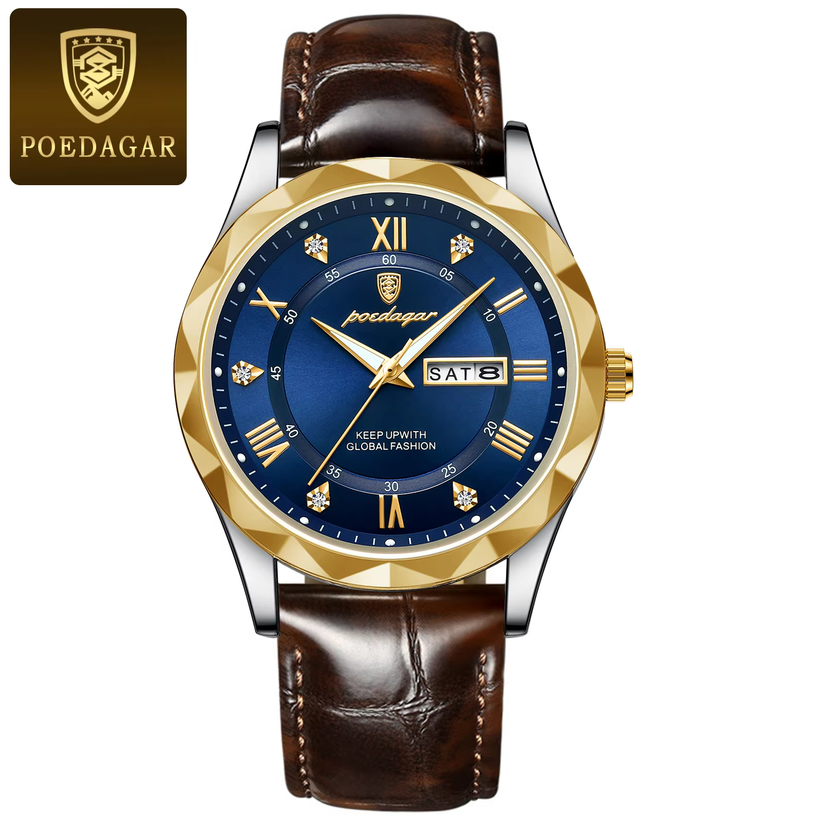 POEDAGAR 615L Quartz Analog Watch in gold blue with brown leather strap.