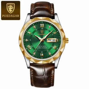 POEDAGAR 615L Quartz Analog Watch with a gold green dial and a brown leather strap.