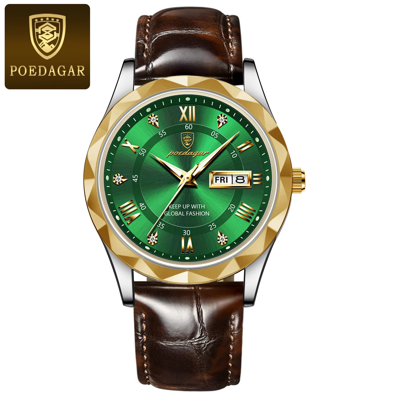 POEDAGAR 615L Quartz Analog Watch with a gold green dial and a brown leather strap.