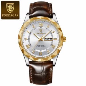 POEDAGAR 615L Quartz Analog Watch in gold white with a brown leather strap.
