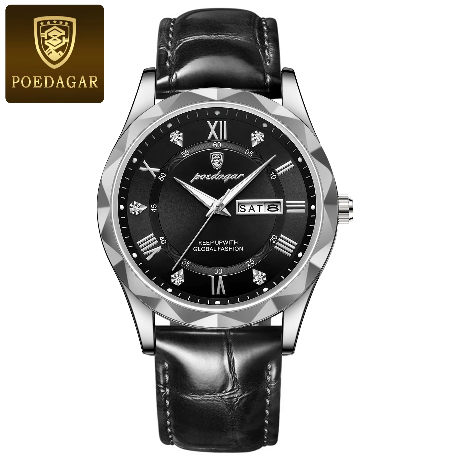 POEDAGAR 615L Quartz Analog Watch with silver case, black dial, and black leather strap.
