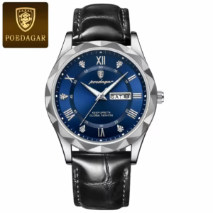 POEDAGAR 615L Quartz Analog Watch with a silver-blue dial and black leather strap.