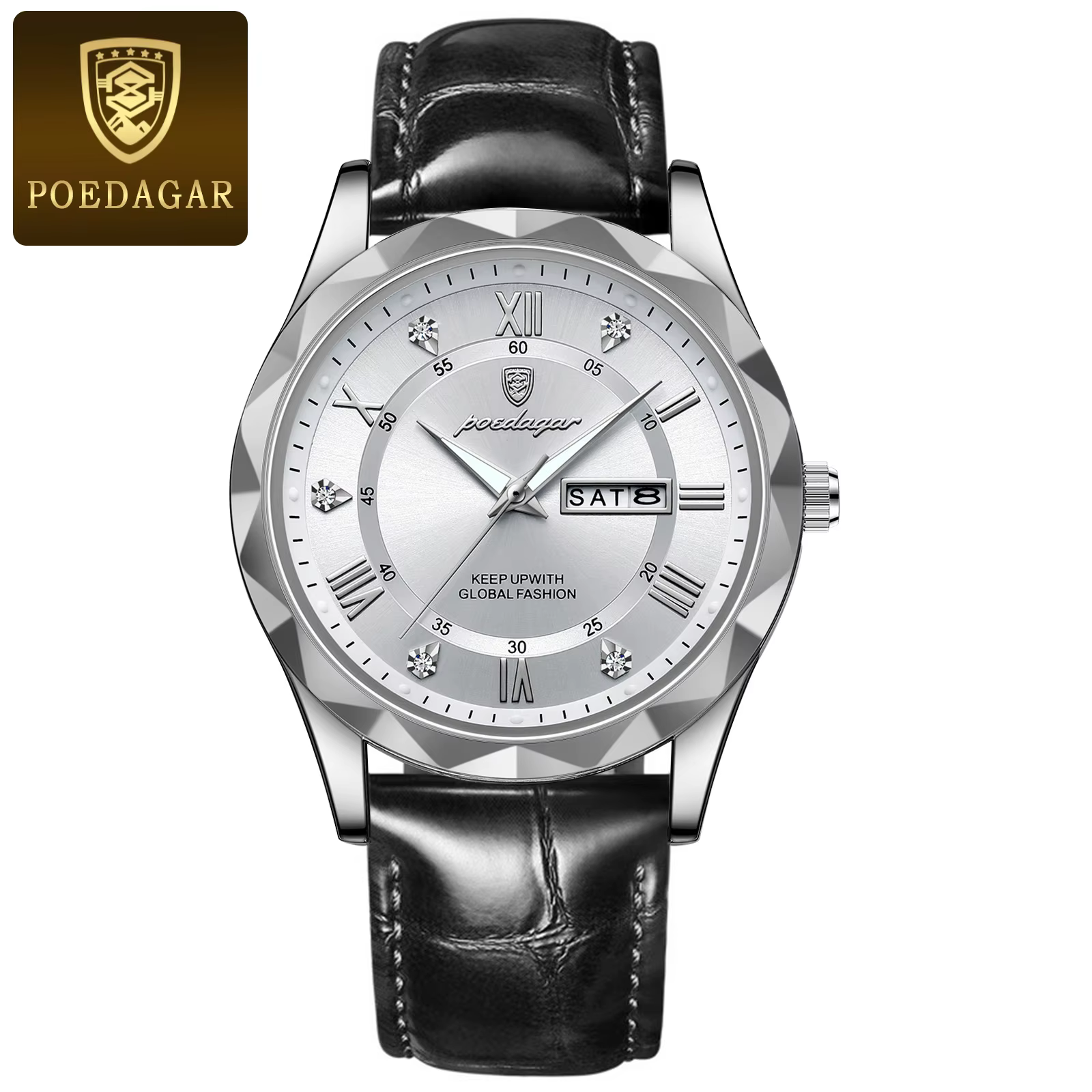 Silver white POEDAGAR 615L Quartz Analog Watch with a black leather strap.