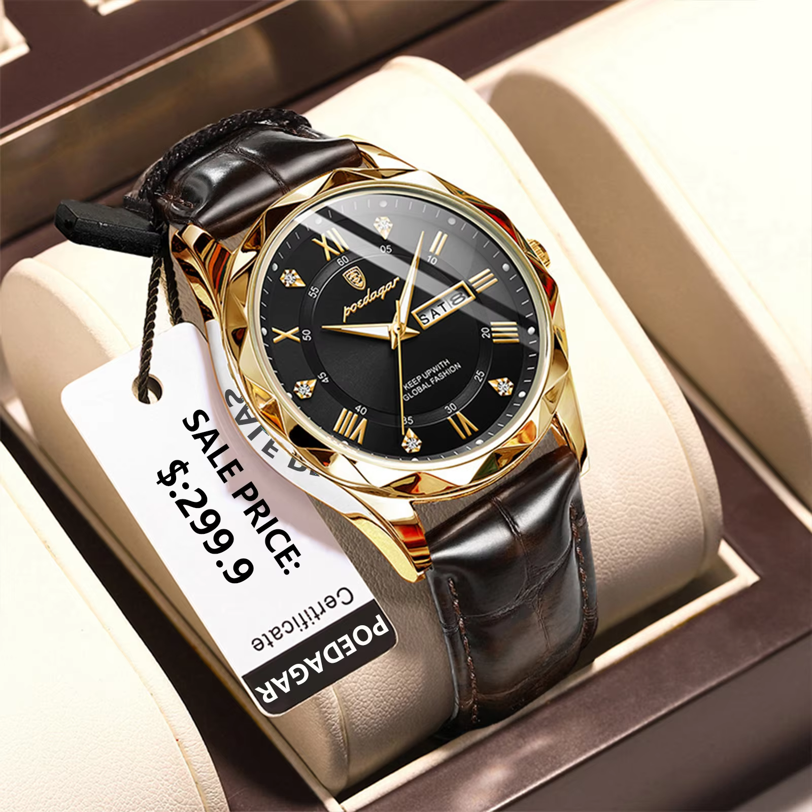 POEDAGAR 615L Quartz Analog Watch with gold case, black dial, and brown leather strap.