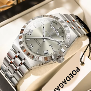 Silver POEDAGAR 675 Quartz Analog Watch with stainless steel bracelet and fluted bezel.