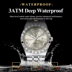 Silver stainless steel POEDAGAR 675 Quartz Analog Watch splashing in water.