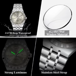 POEDAGAR 675 Quartz Analog Watch gallery displaying water splashes, luminous hands, and stainless steel strap.