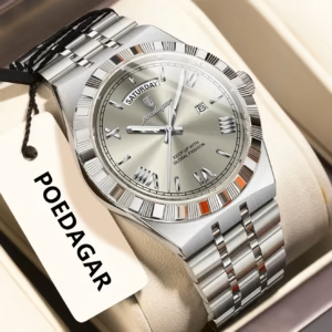 Silver POEDAGAR 675 Quartz Analog Watch with stainless steel bracelet.