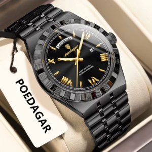 Black POEDAGAR 675 Quartz Analog Watch with gold markers and linked bracelet