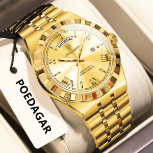 Gold POEDAGAR 675 Quartz Analog Watch with fluted bezel and linked bracelet.