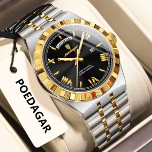 POEDAGAR 675 Quartz Analog Watch in gold black with a black dial and linked bracelet.