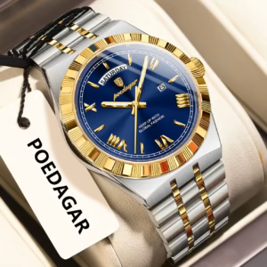 POEDAGAR 675 Quartz Analog Watch in gold blue variation with stainless steel bracelet.